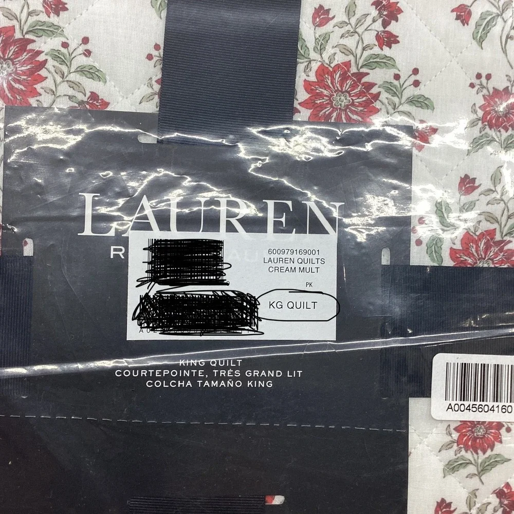 Lauren Ralph Lauren Maren King Quilt Floral Red Cream Striped Reverse 92x108 NEW